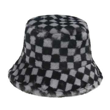 UNIQ Fashion Winter Checked Plush Faux Fur Bucket Hat for Women and Men